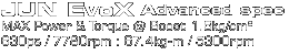 JUN EVOX Advanced spec MAX Power and Torque @ Boost 1.6kg/cm&sup2; 630ps/7780rpm : 67.48kg-m/5300rpm